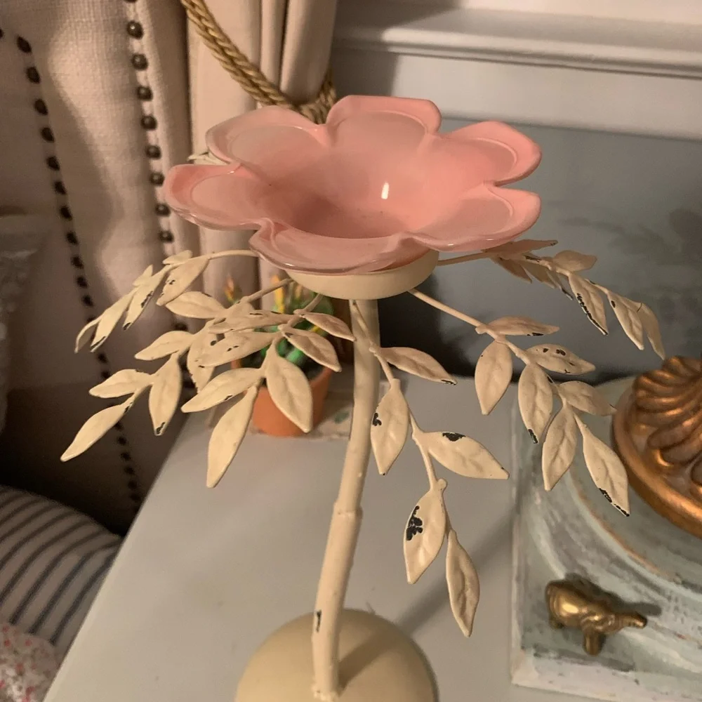 Vintage Pink Floral Metal Candle Holder